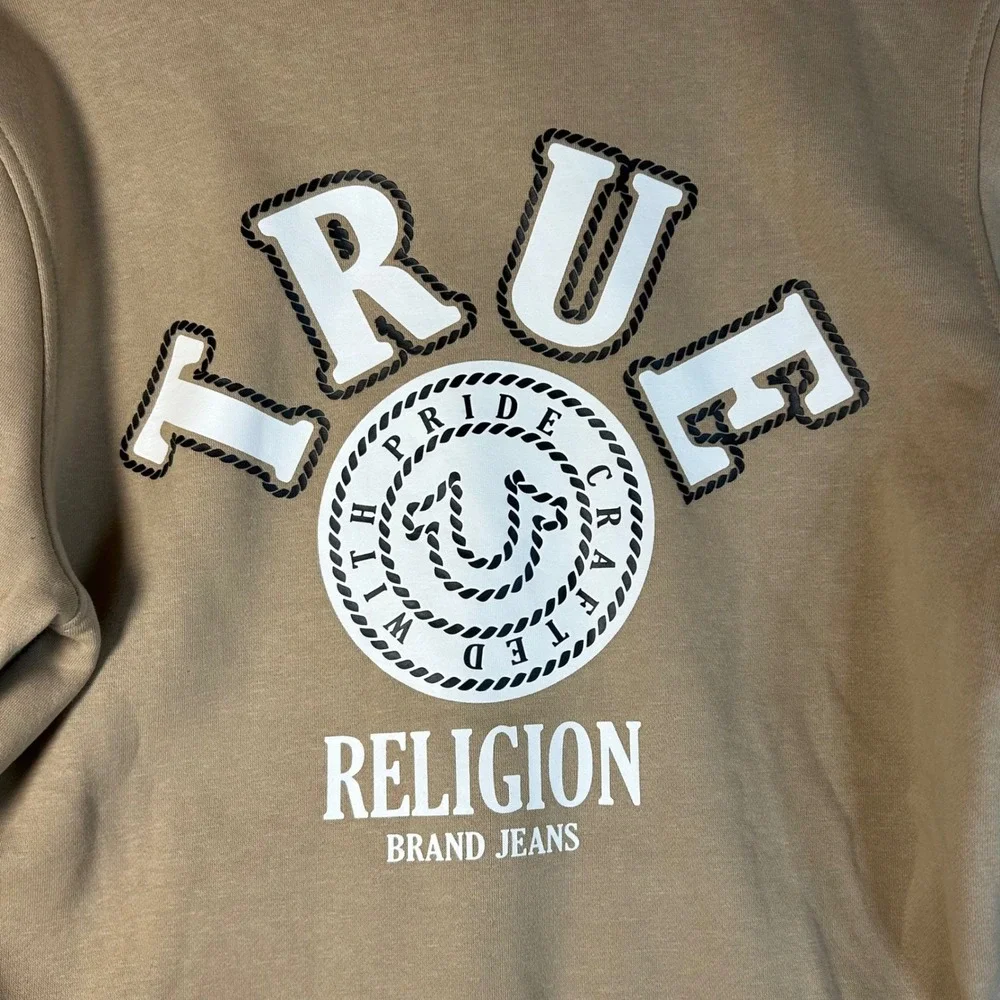 True Religion Mens True College Full Zip Hoodie Jacket Travertine Beige L NEW